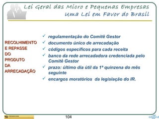 104
Lei Geral das Micro e Pequenas Empresas
Uma Lei em Favor do Brasil
RECOLHIMENTORECOLHIMENTO
E REPASSEE REPASSE
DODO
PRODUTOPRODUTO
DADA
ARRECADAÇÃOARRECADAÇÃO
 regulamentação do Comitê Gestor
 documento único de arrecadação
 códigos específicos para cada receita
 banco da rede arrecadadora credenciada pelo
Comitê Gestor
 prazo: último dia útil da 1ª quinzena do mês
seguinte
 encargos moratórios da legislação do IR.
 