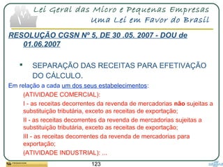 123
Lei Geral das Micro e Pequenas Empresas
Uma Lei em Favor do Brasil
RESOLUÇÃO CGSN Nº 5, DE 30 .05. 2007 - DOU de
01.06.2007
 SEPARAÇÃO DAS RECEITAS PARA EFETIVAÇÃO
DO CÁLCULO.
Em relação a cada um dos seus estabelecimentos:
(ATIVIDADE COMERCIAL):
I - as receitas decorrentes da revenda de mercadorias não sujeitas a
substituição tributária, exceto as receitas de exportação;
II - as receitas decorrentes da revenda de mercadorias sujeitas a
substituição tributária, exceto as receitas de exportação;
III - as receitas decorrentes da revenda de mercadorias para
exportação;
(ATIVIDADE INDUSTRIAL): ...
 