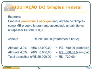 137
Exemplo:
Empresa comercial + serviços enquadrada no Simples
como ME e que o faturamento acumulado anual não vá
ultrapassar R$ 240.000,00
Janeiro R$ 20.000,00 (faturamento bruto)
Alíquota 3,0% s/R$ 12.000,00 = R$ 360,00 (comércio)
Alíquota 4,5% s/R$ 8.000,00 = R$ 360,00 (serviços)
Total a recolher s/R$ 20.000,00 = R$ 720,00
TRIBUTAÇÃO DO Simples Federal
 