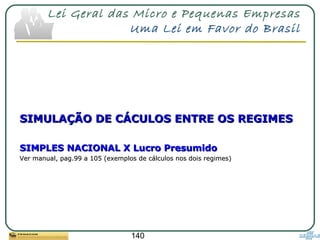 140
Lei Geral das Micro e Pequenas Empresas
Uma Lei em Favor do Brasil
SIMULAÇÃO DE CÁCULOS ENTRE OS REGIMESSIMULAÇÃO DE CÁCULOS ENTRE OS REGIMES
SIMPLES NACIONAL X Lucro PresumidoSIMPLES NACIONAL X Lucro Presumido
Ver manual, pag.99 a 105 (exemplos de cálculos nos dois regimes)Ver manual, pag.99 a 105 (exemplos de cálculos nos dois regimes)
 