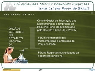 30
Lei Geral das Micro e Pequenas Empresas
Uma Lei em Favor do Brasil
Fóruns Regionais nas unidades da
Federação (artigo 76)
Comitê Gestor de Tributação das
Microempresas e Empresas de
Pequeno Porte (regulamentado
pelo Decreto n.6038, de 7/2/2007)
Fórum Permanente das
Microempresas e Empresas de
Pequeno Porte
ÓRGÃOS
GESTORES
DO
ESTATUTO
NACIONAL
DA
MPE
 