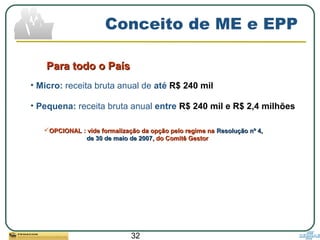 32
Conceito de ME e EPP
Para todo o PaísPara todo o País
• Micro: receita bruta anual de até R$ 240 mil
• Pequena: receita bruta anual entre R$ 240 mil e R$ 2,4 milhões
OPCIONAL : vide formalização da opção pelo regime naOPCIONAL : vide formalização da opção pelo regime na Resolução nº 4,Resolução nº 4,
de 30 de maio de 2007de 30 de maio de 2007, do Comitê Gestor, do Comitê Gestor
 