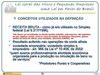 36
Lei Geral das Micro e Pequenas Empresas
Uma Lei em Favor do Brasil
 CONCEITOS UTILIZADOS NA DEFINIÇÃO
 RECEITA BRUTA - como já era utilizado no SimplesRECEITA BRUTA - como já era utilizado no Simples
federal (Lei 9.317/1996)federal (Lei 9.317/1996)
*não devem ser consideradas as demais receitas auferidas*não devem ser consideradas as demais receitas auferidas pela empresa, não origináriaspela empresa, não originárias
de seus objetivos sociais, como é o caso de receitas de aplicações financeiras, ganhosde seus objetivos sociais, como é o caso de receitas de aplicações financeiras, ganhos
obtidos em bolsa de valores, juros recebidos, descontos auferidos, etc.obtidos em bolsa de valores, juros recebidos, descontos auferidos, etc.
 Resultado auferido nas operações de conta alheiaResultado auferido nas operações de conta alheia
 sociedade empresária, sociedade simples esociedade empresária, sociedade simples e
empresário - art. 966 da Lei nº 10.406, de 2002:empresário - art. 966 da Lei nº 10.406, de 2002:
““quem exerce profissionalmente atividade econômicaquem exerce profissionalmente atividade econômica
organizada para a produção ou circulação de bens ouorganizada para a produção ou circulação de bens ou
de serviços”de serviços”
*Produtores Rurais e Cooperativas*Produtores Rurais e Cooperativas
 