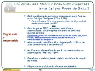 45
Lei Geral das Micro e Pequenas Empresas
Uma Lei em Favor do Brasil
Regras civisRegras civis
ee
empresariaisempresariais
 Define a figura do pequeno empresário para fins do
novo Código Civil (arts.970 e 1.179)
 De acordo com o CC o pequeno empresário está dispensado de
manter escrituração contábil
 Desobriga as MPE de realizar reuniões e
assembléias: deliberações de mais de 50% das
quotas sociais
Exceções: previsão contratual; exclusão de sócio por justa
causa; exclusão de sócio que ponha em risco a
continuidade da empresa
 Não havendo reuniões, fica dispensado o “livro de
atas de reuniões e assembléias’
 Na firma ou denominação serão acrescentadas as
abreviações “ME” ou “EPP”
 Facultada a colocação do objeto social na formação
do nome
 Dispensa de publicação de atos societários
 