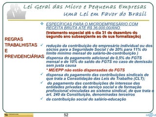 52
Lei Geral das Micro e Pequenas Empresas
Uma Lei em Favor do Brasil
REGRASREGRAS
TRABALHISTASTRABALHISTAS
EE
PREVIDENCIÁRIASPREVIDENCIÁRIAS
 ESPECÍFICAS PARA O MICROEMPRESÁRIO COM
RECEITA BRUTA ATÉ R$ 36.000,00/ANO
(tratamento especial até o dia 31 de dezembro do(tratamento especial até o dia 31 de dezembro do
segundo ano subseqüente ao de sua formalização)segundo ano subseqüente ao de sua formalização)
 redução da contribuição do empresário individual ou dos
sócios para a Seguridade Social ( de 20% para 11% do
limite mínimo mensal do salário-de-contribuição )
 dispensa do pagamento adicional de 0,5% do FGTS
mensal e de 10% do saldo do FGTS no caso de demissão
sem justa causa
* ME/EPP não estão dispensadas do FGTS
 dispensa do pagamento das contribuições sindicais de
que trata a Consolidação das Leis do Trabalho (CLT);
 do pagamento das contribuições de interesse das
entidades privadas de serviço social e de formação
profissional vinculadas ao sistema sindical, de que trata o
art. 240 da Constituição, denominadas terceiros
 da contribuição social do salário-educação
 