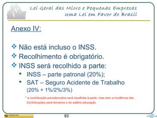 83
Lei Geral das Micro e Pequenas Empresas
Uma Lei em Favor do Brasil
Anexo IV:
 Não está incluso o INSS.
 Recolhimento é obrigatório.
 INSS será recolhido a parte:
 INSS – parte patronal (20%);
 SAT – Seguro Acidente de Trabalho
(20% + 1%/2%/3%)
* a contribuição previdenciária será recolhida à parte, mas sem a incidência das
Contribuições para terceiros e do salário-educação
 