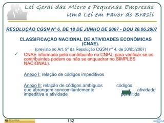 132
Lei Geral das Micro e Pequenas Empresas
Uma Lei em Favor do Brasil
RESOLUÇÃO CGSN Nº 6, DE 18 DE JUNHO DE 2007 - DOU 20.06.2007
CLASSIFICAÇÃO NACIONAL DE ATIVIDADES ECONÔMICAS
(CNAE).
(previsto no Art. 9º da Resolução CGSN nº 4, de 30/05/2007)
 CNAE informado pelo contribuinte no CNPJ, para verificar se os
contribuintes podem ou não se enquadrar no SIMPLES
NACIONAL).
Anexo I: relação de códigos impeditivos
Anexo II: relação de códigos ambíguos códigos
que abrangem concomitantemente atividade
impeditiva e atividade permitida
 