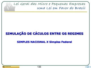 135
Lei Geral das Micro e Pequenas Empresas
Uma Lei em Favor do Brasil
SIMULAÇÃO DE CÁCULOS ENTRE OS REGIMESSIMULAÇÃO DE CÁCULOS ENTRE OS REGIMES
SIMPLES NACIONAL X Simples FederalSIMPLES NACIONAL X Simples Federal
 
