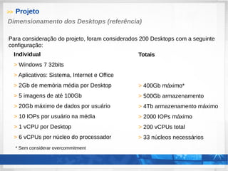 >> Projeto
Individual
> Windows 7 32bits
> Aplicativos: Sistema, Internet e Office
> 2Gb de memória média por Desktop
> 5 imagens de até 100Gb
> 20Gb máximo de dados por usuário
> 10 IOPs por usuário na média
> 1 vCPU por Desktop
> 6 vCPUs por núcleo do processador
Dimensionamento dos Desktops (referência)
Para consideração do projeto, foram considerados 200 Desktops com a seguinte
configuração:
Totais
> 400Gb máximo*
> 500Gb armazenamento
> 4Tb armazenamento máximo
> 2000 IOPs máximo
> 200 vCPUs total
> 33 núcleos necessários
* Sem considerar overcommitment
 