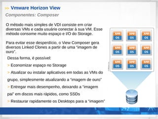 >> Vmware Horizon View
Componentes: Composer
O método mais simples de VDI consiste em criar
diversas VMs e cada usuário conectar à sua VM. Esse
método consome muito espaço e I/O do Storage.
Para evitar esse desperdício, o View Composer gera
diversos Linked Clones a partir de uma “imagem de
ouro”.
Dessa forma, é possível:
> Economizar espaço no Storage
> Atualizar ou instalar aplicativos em todas as VMs do
grupo, simplesmente atualizando a “imagem de ouro”
> Entregar mais desempenho, deixando a “imagem
pai” em discos mais rápidos, como SSDs
> Restaurar rapidamente os Desktops para a “imagem”
 