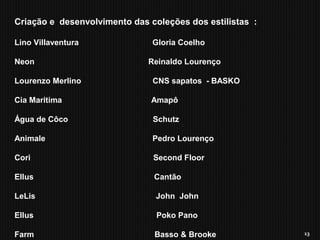 13
Criação e desenvolvimento das coleções dos estilistas :
Lino Villaventura Gloria Coelho
Neon Reinaldo Lourenço
Lourenzo Merlino CNS sapatos - BASKO
Cia Maritima Amapô
Água de Côco Schutz
Animale Pedro Lourenço
Cori Second Floor
Ellus Cantão
LeLis John John
Ellus Poko Pano
Farm Basso & Brooke
 