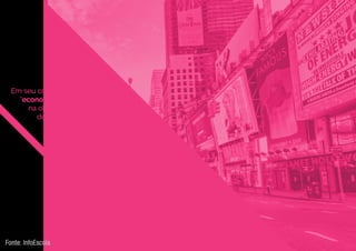 Em seu conceito recente, a
“economia criativa”, referida
na obra “The Creative Economy”
de John Howkins, jornalista
especializado na área de
negócios, é um conjunto de
atividades mercadológicas
provenientes da capacidade
criativa e imaginativa dos
indivíduos que possibilita a
geração de soluções e produtos
em determinadas áreas obtendo
valor econômico.
Fonte: InfoEscola
 