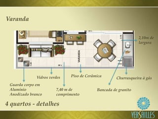 Varanda

                                                                2,10m de
                                                                largura




              Vidros verdes   Piso de Cerâmica
                                                     Churrasqueira à gás
 Guarda corpo em
 Alumínio               7,40 m de          Bancada de granito
 Anodizado branco       comprimento

4 quartos - detalhes
 