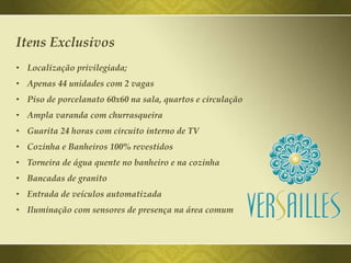 Itens Exclusivos
• Localização privilegiada;
• Apenas 44 unidades com 2 vagas
• Piso de porcelanato 60x60 na sala, quartos e circulação
• Ampla varanda com churrasqueira
• Guarita 24 horas com circuito interno de TV
• Cozinha e Banheiros 100% revestidos
• Torneira de água quente no banheiro e na cozinha
• Bancadas de granito
• Entrada de veículos automatizada
• Iluminação com sensores de presença na área comum
 