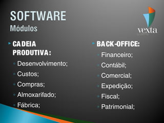  CA DEIA              BA CK-OFFICE:

 PRODUTIVA :           ◦ Financeiro;
 ◦ Desenvolvimento;    ◦ Contábil;
 ◦ Custos;             ◦ Comercial;
 ◦ Compras;            ◦ Expedição;
 ◦ Almoxarifado;       ◦ Fiscal;
 ◦ Fábrica;            ◦ Patrimonial;
 