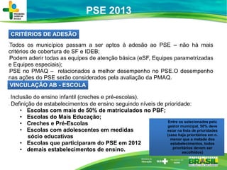 PSE 2013
CRITÉRIOS DE ADESÃO
-Todos os municípios passam a ser aptos à adesão ao PSE – não há mais
critérios de cobertura ...