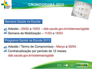 CRONOGRAMA 2013
Adesão - 20/02 a 15/03 - dab.saude.gov.br/sistemas/sgdab
Semana de Mobilização – 11/03 a 15/03
Adesão / Te...