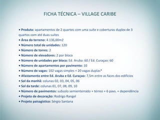 FICHA TÉCNICA – VILLAGE CARIBE

• Produto: apartamentos de 2 quartos com uma suíte e coberturas duplex de 3
quartos com até duas suítes
• Área do terreno: 4.136,00m2
• Número total de unidades: 120
• Número de torres: 2
• Número de elevadores: 2 por bloco
• Número de unidades por bloco: Ed. Aruba: 60 / Ed. Curaçao: 60
• Número de apartamentos por pavimento: 10
• Número de vagas: 102 vagas simples + 20 vagas duplas*
• Afastamento entre Ed. Aruba e Ed. Curaçao: 7,5m entre as faces dos edifícios
• Sol da manhã: colunas 02, 03, 04, 05, 06
• Sol da tarde: colunas 01, 07, 08, 09, 10
• Número de pavimentos: subsolo semienterrado + térreo + 6 pavs. + dependência
• Projeto de decoração: Rodrigo Rangel
• Projeto paisagístico: Sérgio Santana
 