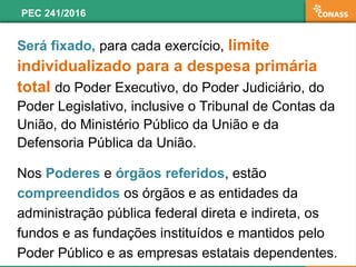 Será fixado, para cada exercício, limite
individualizado para a despesa primária
total do Poder Executivo, do Poder Judiciário, do
Poder Legislativo, inclusive o Tribunal de Contas da
União, do Ministério Público da União e da
Defensoria Pública da União.
Nos Poderes e órgãos referidos, estão
compreendidos os órgãos e as entidades da
administração pública federal direta e indireta, os
fundos e as fundações instituídos e mantidos pelo
Poder Público e as empresas estatais dependentes.
PEC 241/2016
 