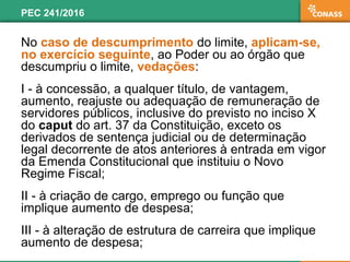 No caso de descumprimento do limite, aplicam-se,
no exercício seguinte, ao Poder ou ao órgão que
descumpriu o limite, vedações:
I - à concessão, a qualquer título, de vantagem,
aumento, reajuste ou adequação de remuneração de
servidores públicos, inclusive do previsto no inciso X
do caput do art. 37 da Constituição, exceto os
derivados de sentença judicial ou de determinação
legal decorrente de atos anteriores à entrada em vigor
da Emenda Constitucional que instituiu o Novo
Regime Fiscal;
II - à criação de cargo, emprego ou função que
implique aumento de despesa;
III - à alteração de estrutura de carreira que implique
aumento de despesa;
PEC 241/2016
 