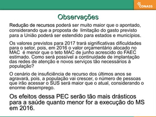ObservaçõesObservações
Redução de recursosRedução de recursos poderá ser muito maior que o apontado,
considerando que a proposta de limitação do gasto previsto
para a União poderá ser estendido para estados e municípios.
Os valores previstos para 2017 trará significativas dificuldades
para o setor, pois, em 2016 o valor orçamentário alocado no
MAC é menor que o teto MAC de junho acrescido do FAEC
estimado. Como será possível a continuidade de implantação
das redes de atenção e novos serviços tão necessários à
população?
O cenário de insuficiência de recurso dos últimos anos se
agravará, pois, a população vai crescer, o número de pessoas
que irão acessar o SUS será maior que o atual, considerando o
enorme desemprego.
Os efeitos dessa PEC serão tão mais drásticosOs efeitos dessa PEC serão tão mais drásticos
para a saúde quanto menor for a execução do MSpara a saúde quanto menor for a execução do MS
em 2016.em 2016.
 