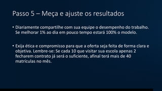 Passo 5 – Meça e ajuste os resultados
• Diariamente compartilhe com sua equipe o desempenho do trabalho.
Se melhorar 1% ao dia em pouco tempo estará 100% o modelo.
• Exija ética e compromisso para que a oferta seja feita de forma clara e
objetiva. Lembre-se: Se cada 10 que visitar sua escola apenas 2
fecharem contrato já será o suficiente, afinal terá mais de 40
matrículas no mês.
 