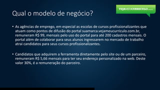 Qual o modelo de negócio?
• As agências de emprego, em especial as escolas de cursos profissionalizantes que
atuam como pontos de difusão do portal suamarca.vejameucurriculo.com.br,
remuneram R$ 99, mensais pelo uso do portal para até 200 cadastros mensais. O
portal além de colaborar para seus alunos ingressarem no mercado de trabalho
atrai candidatos para seus cursos profissionalizantes.
• Candidatos que adquirem a ferramenta diretamente pelo site ou de um parceiro,
remuneram R$ 5,66 mensais para ter seu endereço personalizado na web. Deste
valor 30%, é a remuneração do parceiro.
 