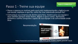 Passo 1 - Treine sua equipe
• Passe e repasse os motivos pelo qual está implementando a Agência em
sua escola, explique o que faz, como faz mas sobretudo porque faz!
• Comunique sua empresa de dentro para fora, mostre para sua equipe e
seus clientes porque vocês fazem, depois o que e como. Apresente
primeiro o sonho conquiste o apoio de sua equipe e da comunidade onde
atua
Recomendação:
https://www.ted.com/talks/simon_sinek_how_great_leaders_inspire_action#t-14649
 
