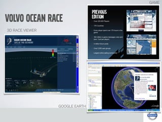 GAME



VOLVO OCEAN RACE
3D RACE VIEWER




                 GOOGLE EARTH
 