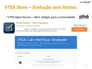 VTEX Store – Evolução sem limites
• VTEX Open Source – Abrir códigos para a comunidade.




                                                        21
 
