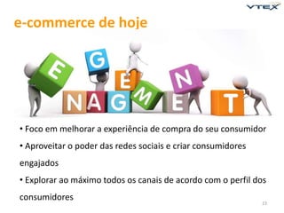 e-commerce de hoje




• Foco em melhorar a experiência de compra do seu consumidor
• Aproveitar o poder das redes sociais e criar consumidores
engajados
• Explorar ao máximo todos os canais de acordo com o perfil dos
consumidores
                                                              23
 