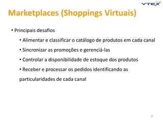 Marketplaces (Shoppings Virtuais)
• Principais desafios
   • Alimentar e classificar o catálogo de produtos em cada canal
   • Sincronizar as promoções e gerenciá-las
   • Controlar a disponibilidade de estoque dos produtos
   • Receber e processar os pedidos identificando as
   particularidades de cada canal




                                                              37
 