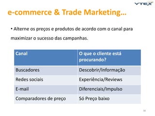 e-commerce & Trade Marketing…
• Alterne os preços e produtos de acordo com o canal para
maximizar o sucesso das campanhas.

  Canal                        O que o cliente está
                               procurando?
  Buscadores                   Descobrir/Informação
  Redes sociais                Experiência/Reviews
  E-mail                       Diferenciais/Impulso
  Comparadores de preço        Só Preço baixo

                                                            38
 
