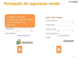 Percepção de segurança vende

 • + 20% de conversão
 • mudança do texto do botão e
 adição da imagem de
 segurança




             A                   B
                                     39
 