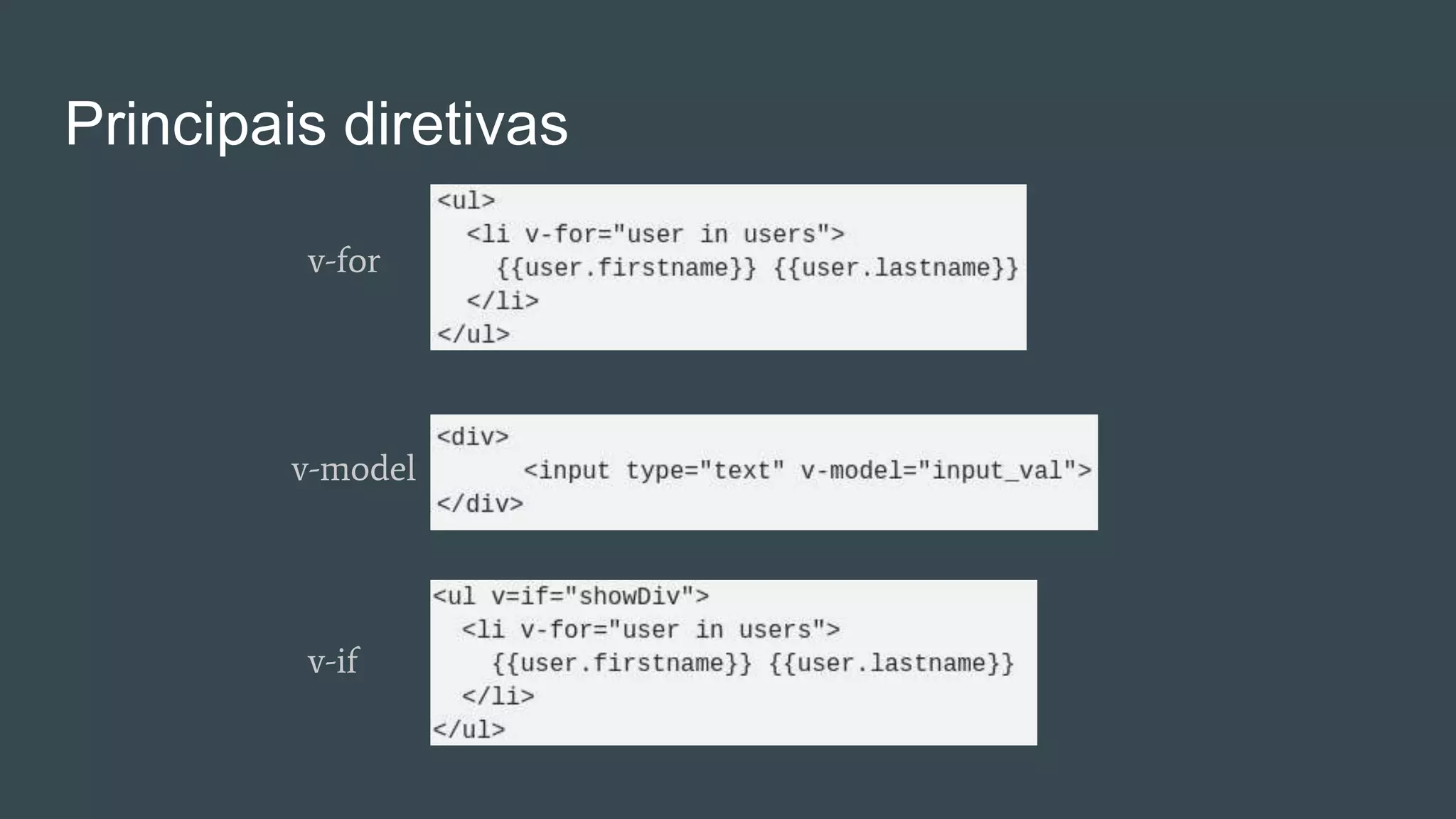 Principais diretivas
v-for
v-model
v-if
 