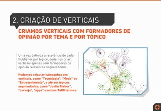 2. CRIAÇÃO DE VERTICAIS
CRIAMOS VERTICAIS COM FORMADORES DE
OPINIÃO POR TEMA E POR TÓPICO
Podemos veicular campanhas em
verticais, como “Tecnologia”, “Moda” ou
“Entretenimento”, e até em tópicos
segmentados, como “Justin Bieber”,
“cerveja”, “apps” e outros 3600 termos.
Uma vez definida a relevância de cada
Publisher por tópico, podemos criar
verticais apenas com formadores de
opinião relevantes naquele tema.
 