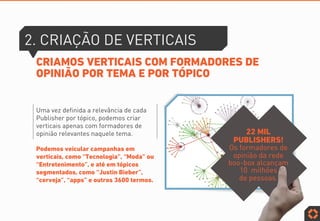 2. CRIAÇÃO DE VERTICAIS
CRIAMOS VERTICAIS COM FORMADORES DE
OPINIÃO POR TEMA E POR TÓPICO
Podemos veicular campanhas em
verticais, como “Tecnologia”, “Moda” ou
“Entretenimento”, e até em tópicos
segmentados, como “Justin Bieber”,
“cerveja”, “apps” e outros 3600 termos.
Uma vez definida a relevância de cada
Publisher por tópico, podemos criar
verticais apenas com formadores de
opinião relevantes naquele tema. 22 MIL
PUBLISHERS!
Os formadores de
opinião da rede
boo-box alcançam
10 milhões
de pessoas.
 