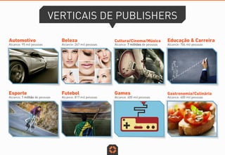 VERTICAIS DE PUBLISHERS
Automotivo
Alcance: 95 mil pessoas
Beleza
Alcance: 267 mil pessoas
Cultura/Cinema/Música
Alcance: 7 milhões de pessoas
Educação & Carreira
Alcance: 704 mil pessoas
Esporte
Alcance: 1 milhão de pessoas
Futebol
Alcance: 817 mil pessoas
Games
Alcance: 600 mil pessoas
Gastronomia/Culinária
Alcance: 400 mil pessoas
 