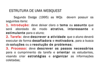 ESTRUTURA DE UMA WEBQUEST 
Segundo Dodge (1995) as WQs devem possuir os 
seguintes itens: 
1. Introdução: deve deixar claro o tema ou assunto que 
será abordado de modo atrativo, interessante e 
estimulante para o aluno; 
2. Tarefa: deve descrever a atividade que o aluno deverá 
executar de forma desafiadora e motivadora, para a busca 
de soluções ou a resolução de problemas; 
3. Processo: deve descrever os passos necessários 
para o cumprimento da tarefa e orientar os estudantes, 
visando criar estratégias e organizar as informações 
coletadas; 
 