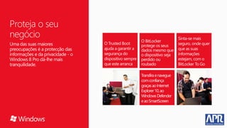 Proteja o seu
negócio
Uma das suas maiores
preocupações é a protecção das
informações e da privacidade - o
Windows 8 Pro dá-lhe mais
tranquilidade.
 