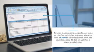 Teremos o cronograma composto com todas
as criações, produções e ajustes, alinhados
com a Kroton e os fornecedores, além das
reuniões a cada 15 dias em Valinhos e
status a cada 3 dias.
 