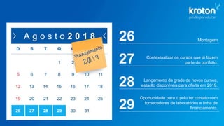 26 27 28 29
26 Montagem
27 Contextualizar os cursos que já fazem
parte do portfólio.
28 Lançamento da grade de novos cursos,
estarão disponíveis para oferta em 2019.
29
Oportunidade para o polo ter contato com
fornecedores de laboratórios e linha de
financiamento.
 