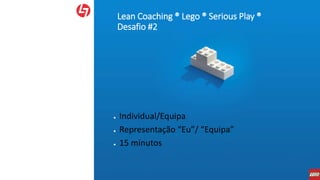 Lean Coaching ® Lego ® Serious Play ®
Desafio #2
● Individual/Equipa
● Representação “Eu”/ “Equipa”
● 15 minutos
 