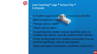 Lean Coaching ® Lego ® Serious Play ®
A etiqueta
● O modelo Lego construído é a resposta ao desafio
● Não há respostas erradas
● “Pensar com as mãos”
● “Ouvir com os olhos”
● Os participantes podem colocar questões sobre os
modelos dos outros, mas não podem emitir opinião;
● O foco da discussão é no modelo construído e na sua
história/significado, não no participante;
● Todos participam (constroem, partilham e discutem).
 