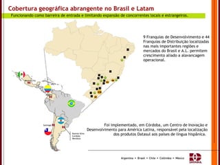 Cobertura geográfica abrangente no Brasil e Latam 9 Franquias de Desenvolvimento e 44 Franquias de Distribuição localizadas nas mais importantes regiões e mercados do Brasil e A.L. permitem crescimento aliado a alavancagem operacional. Foi implementado, em Córdoba, um Centro de Inovação e Desenvolvimento para América Latina, responsável pela localização dos produtos Datasul aos países de língua hispânica.   Mexico City Bogota Santiago Buenos Aires Cordoba Mendoza Funcionando como barreira de entrada e limitando expansão de concorrentes locais e estrangeiros. 