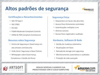 Altos padrões de segurança
 Certificações e Reconhecimentos                 Segurança Física
  • SAS-70 Type II                                • Datacenters em locais não descritos
  • ISO 27001                                     • Acesso físico fortemente controlado
  • PCI DSS                                       • Autenticações múltiplas e em

  • FISMA Moderate Compliant Controls             • diversos acessos

  • HIPAA & ITAR Compliant Architecture           • Acesso físico registrado e auditado


 Recursos sobre Segurança                        Hardware, Software & Rede
  • Centro de Segurança e Governança em           • Gestão de mudança sistemática
    aws.amazon.com/security                       • Atualizações em fases
  • Visão Geral: Segurança e Boas Práticas        • Retirada de storage com segurança
  • Whitepaper sobre Governança,                  • Monitoramentos automáticos e auditados
   Compliance e Gestão de Riscos                  • Proteção de rede avançada



                                 REDUZA DESPESAS E AUMENTE SUA
                              PRODUTIVIDADE COM O CLOUD COMPUTING
 