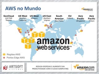 AWS no Mundo
GovCloud    US West       US West    US East       South          EU         Asia          Asia
 (US ITAR   (Northern     (Oregon)   (Northern    America       (Ireland)   Pacific       Pacific
  Region)   California)               Virginia)   (Sao Paulo)               (Singapore)   (Tokyo)




  Regiões AWS
  Pontos Edge AWS


                              REDUZA DESPESAS E AUMENTE SUA
                           PRODUTIVIDADE COM O CLOUD COMPUTING
 