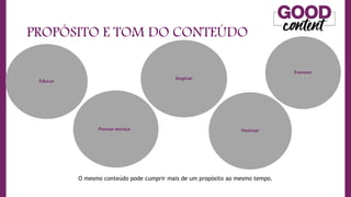 PROPÓSITO E TOM DO CONTEÚDO
O mesmo conteúdo pode cumprir mais de um propósito ao mesmo tempo.
Educar
Prestarserviço
Inspirar
Noticiar
Entreter
 