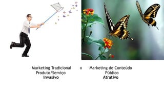 • O
O Marketing de Conteúdo
Marketing Tradicional x Marketing de Conteúdo
Produto/Serviço Público
Invasivo Atrativo
 