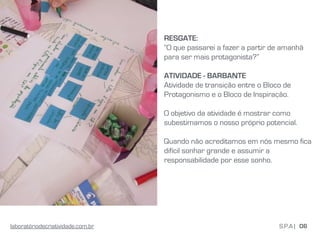 RESGATE:
“O que passarei a fazer a partir de amanhã
para ser mais protagonista?”
ATIVIDADE - BARBANTE
Atividade de transição entre o Bloco de
Protagonismo e o Bloco de Inspiração.
O objetivo da atividade é mostrar como
subestimamos o nosso próprio potencial.
Quando não acreditamos em nós mesmo fica
difícil sonhar grande e assumir a
responsabilidade por esse sonho.
06S.P.A |laboratóriodecriatividade.com.br
 